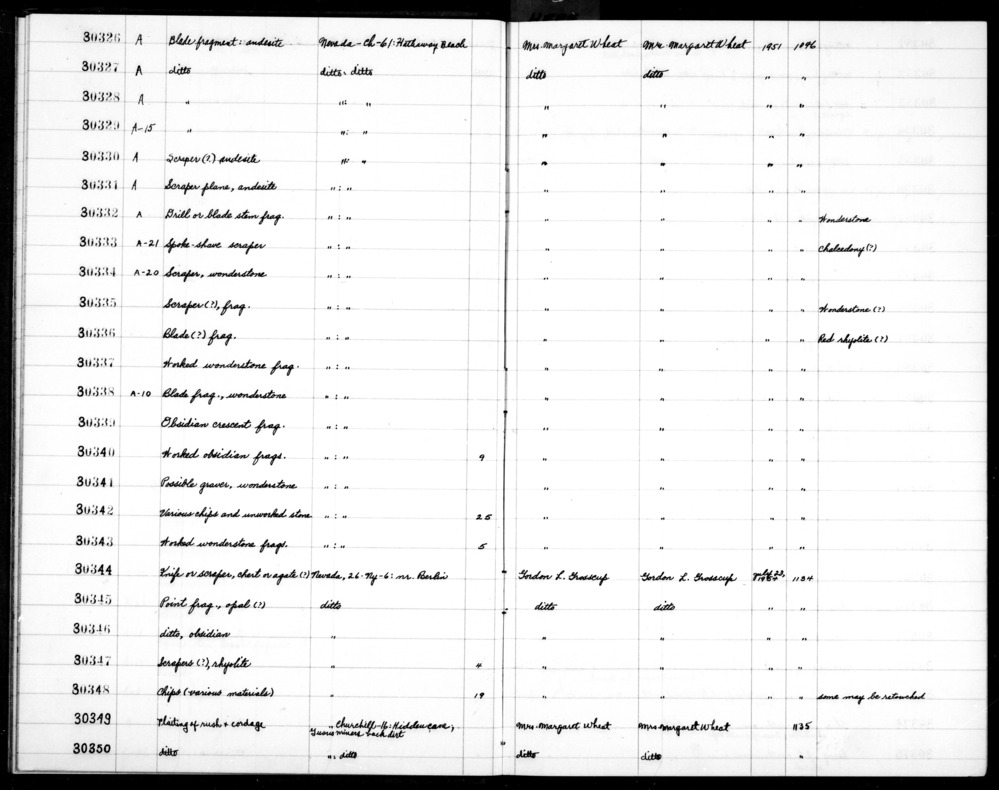 Documentation associated with Hearst Museum object titled Scrapers (?), accession number 2-30347, described as Rhyolite scrapers