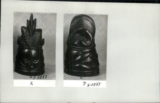 Documentation associated with Hearst Museum object titled Helmet mask, accession number 5-5833, described as helmet mask of West African gum wood blackened with shoe polish; anthromorphic with elaborate headdress and horns; split in center of face. height 37 cm.