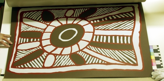 Hearst Museum object 4 of 6 titled Silkscreen, accession number 17-585a-e, described as Album of reproductions of Aboriginal Australian designs.