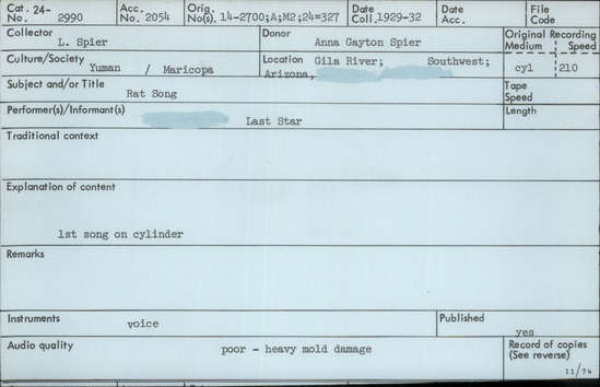 Documentation associated with Hearst Museum object titled Audio recording, accession number 24-2990, described as Rat Song. First song from the cylinder 14-2700.