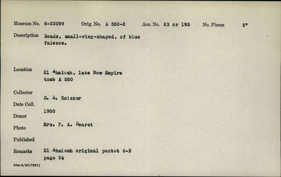 Documentation associated with Hearst Museum object titled Beads, accession number 6-22099, described as beads, small-ring-shaped, of blue faience