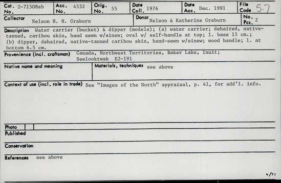 Documentation associated with Hearst Museum object titled Water carrier & dipper (models), accession number 2-71508a,b, described as Water carrier) bucket) and dipper ( models); a) water carrier, dehaired, native tanned, caribou skin, hand sewn with sinew; oval with self-handle with sinew;wood handle; l. at bottom 6.5 cm.