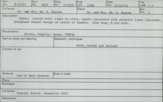 Documentation associated with Hearst Museum object titled Spoon, accession number 5-11713, described as spoon;  carved wood, light in color, handle decorated with parallel lines (incised), hourglass shaped design on center of handle;  33 cm long, 8.5 cm wide.