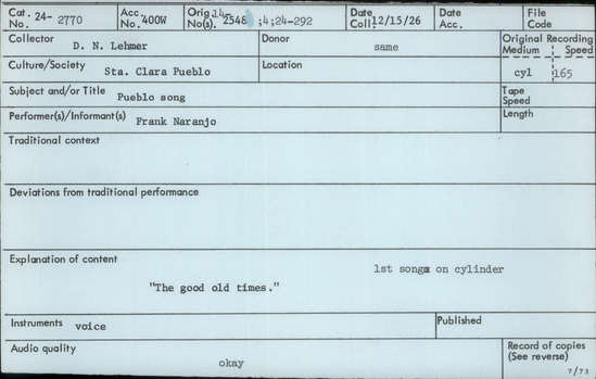 Documentation associated with Hearst Museum object titled Audio recording, accession number 24-2770, described as Pueblo Song: "The good old times