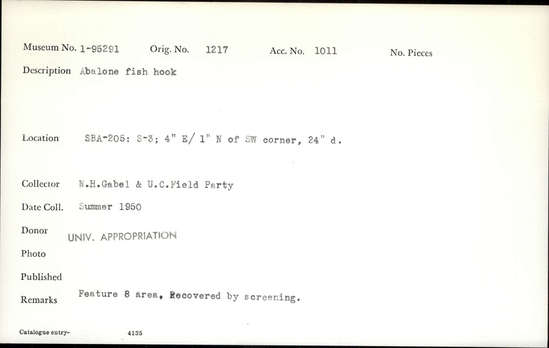 Documentation associated with Hearst Museum object titled Fishhook, accession number 1-95291, described as Abalone.