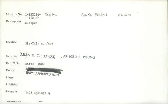 Documentation associated with Hearst Museum object titled Scraper, accession number 1-122155, described as scraper.