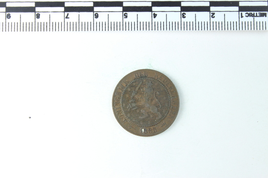 Hearst Museum object 3 of 4 titled Coin, accession number 7-2859, described as Coin: Cu; Obverse- Koning Rijk. Der. Nederlandden 1883 Reverse- 2 1/2 cent; 3.78 grams.