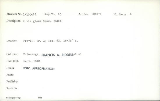 Documentation associated with Hearst Museum object titled Beads, accession number 1-100426, described as White glass trade beads.