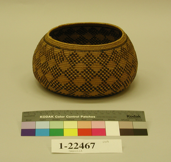 Hearst Museum object titled Basket, accession number 1-22467, described as Round, flat base; sides incurving at rim; all-over diamond design in dark brown on natural ground.