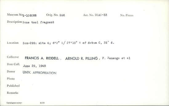 Documentation associated with Hearst Museum object titled Worked bone fragment, accession number 1-106088, described as Bone.