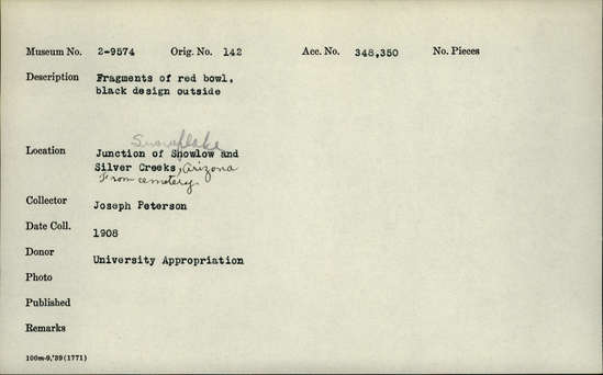 Documentation associated with Hearst Museum object titled Bowl, accession number 2-9574, described as Red decorated broken bowl; black design outside. Notice: Image restricted due to its potentially sensitive nature. Contact Museum to request access.