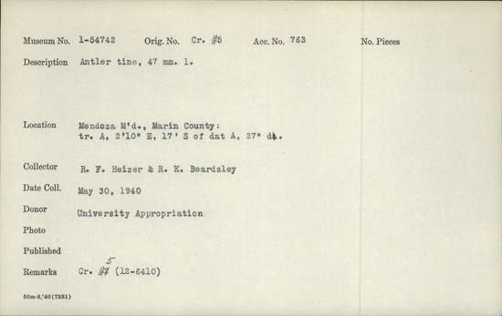 Documentation associated with Hearst Museum object titled Antler tine, accession number 1-54742, described as Antler tine. Notice: Image restricted due to its potentially sensitive nature. Contact Museum to request access.