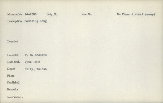 Documentation associated with Hearst Museum object titled Wax cylinder recording, accession number 14-1386, described as Gambling song.