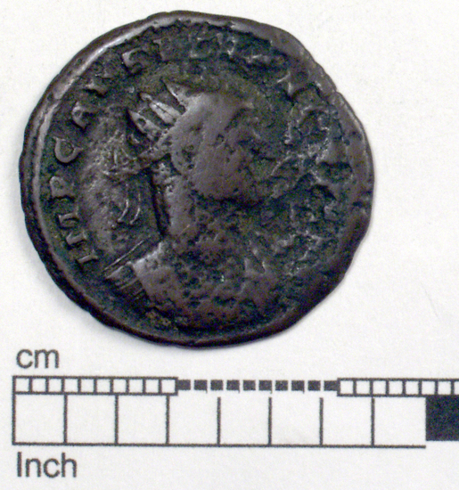 Hearst Museum object titled Coin: billon antoninianus, accession number 8-6041, described as Coin: Antoninianus; (AR?) Æ; Aurelian - 2.75 grams. Obverse: IMP C AVRELIANVS AVG - Bust facing right radiate, cuirassed. Reverse: CONCORDIA MILITVM - Emperor and Concordia clasp hands [untranscribable symbols].