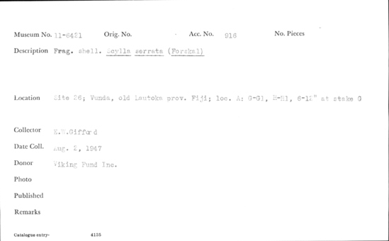 Documentation associated with Hearst Museum object titled Shell fragment, accession number 11-6421, described as Shell fragment. Scylla serrata.