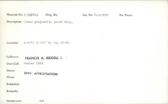 Documentation associated with Hearst Museum object titled Projectile point fragment, accession number 1-195741, described as Stone projectile point, fragment