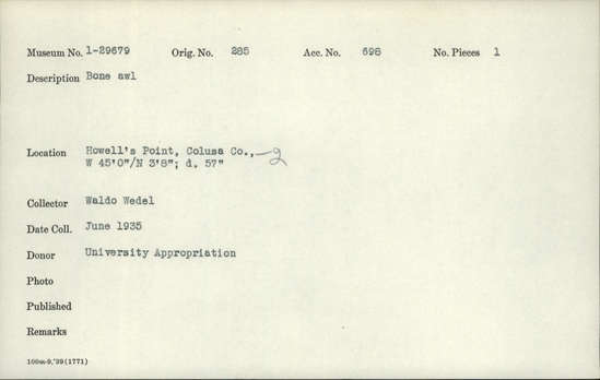 Documentation associated with Hearst Museum object titled Awl, accession number 1-29679, described as Bone.