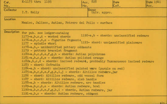 Documentation associated with Hearst Museum object titled Bracelet fragment, accession number K-1179, described as Pottery bracelet fragment.