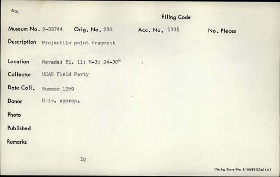 Documentation associated with Hearst Museum object titled Projectile point fragment, accession number 2-33744, described as Projectile point fragment.