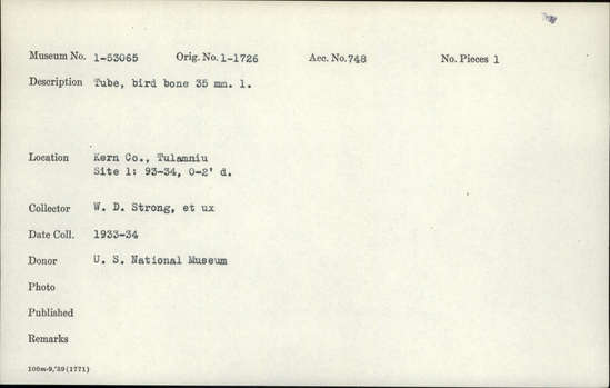Documentation associated with Hearst Museum object titled Worked bone, accession number 1-53065, described as Tube, bird bone