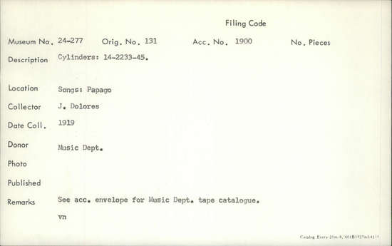 Documentation associated with Hearst Museum object titled Audio recording, accession number 24-277, described as Songs: Papago. See acc. envelope for music dept. tape catalogue. Cylinders: 14-2233-45.