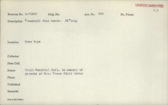 Documentation associated with Hearst Museum object titled Beads, accession number 1-71865, described as Clamshell disk beads.