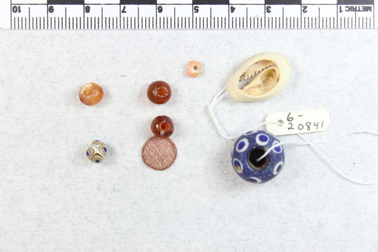 Hearst Museum object titled Mixed beads, accession number 6-20841, described as Carnelian and other beads, disc, shell. XII Dynasty, Middle Empire.