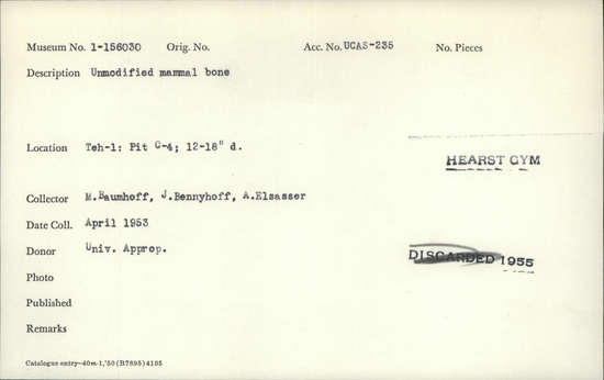 Documentation associated with Hearst Museum object titled Faunal remains, accession number 1-156030, described as Unmodified, mammal.