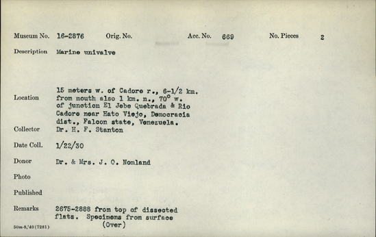 Documentation associated with Hearst Museum object titled Shell, accession number 16-2876, described as Marine univalve