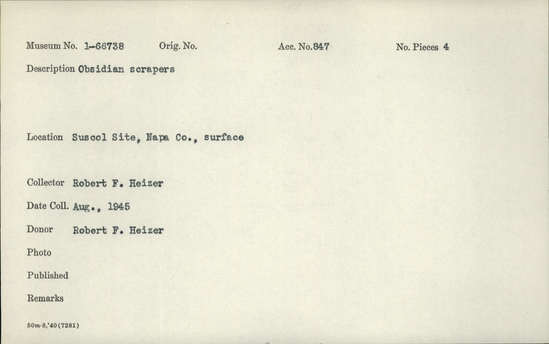 Documentation associated with Hearst Museum object titled Scrapers, accession number 1-66738, described as Obsidian.