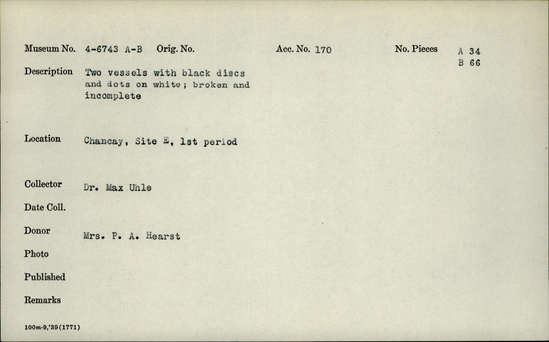 Documentation associated with Hearst Museum object titled Broken vessel, accession number 4-6743a, no description available.