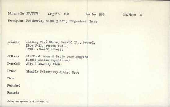 Documentation associated with Hearst Museum object titled Potsherds, accession number 16-7372, described as Potsherds, Anjos plain