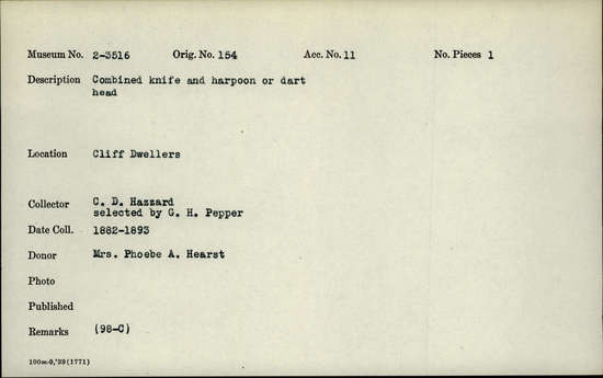 Documentation associated with Hearst Museum object titled Hafted knife, accession number 2-3516, described as Combined.