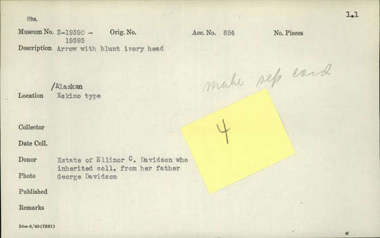 Documentation associated with Hearst Museum object titled Arrow, accession number 2-19393, described as Blunt ivory head.