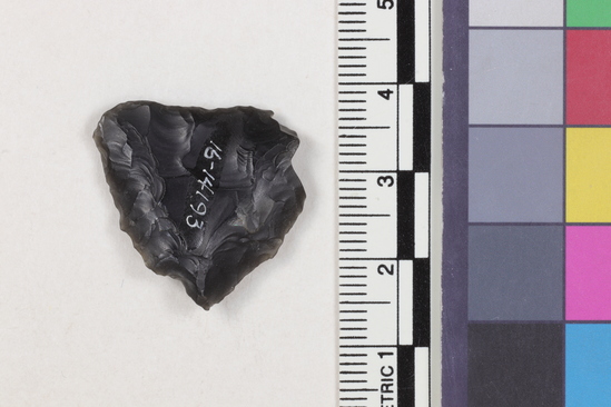 Hearst Museum object 2 of 2 titled Projectile point fragment, accession number 16-14193, described as Projectile point; obsidian; triangular; weight: 2.84 grams; length: 2.35 cm; width: 2.45 cm; depth: 0.45 cm; straight sides, straight base, thinned base.