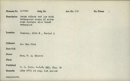 Documentation associated with Hearst Museum object titled Jar, accession number 4-7030, no description available.