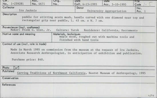 Documentation associated with Hearst Museum object titled Mush paddle, accession number 1-259281, described as Mush paddle, handle carved with diamond and circle shapes at top, and rectangular grip at paddle end.