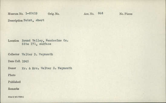 Documentation associated with Hearst Museum object titled Point, accession number 1-62419, described as point, chert