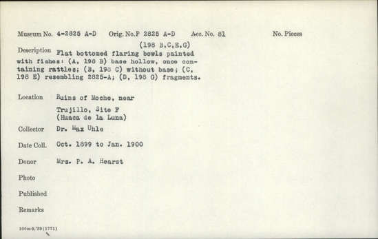 Documentation associated with Hearst Museum object titled Bowl fragments, accession number 4-2825c, described as Flat-bottomed flaring bowl painted with fishes; resembling 2825-A