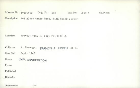 Documentation associated with Hearst Museum object titled Bead, accession number 1-100449, described as Red glass trade bead with black center.