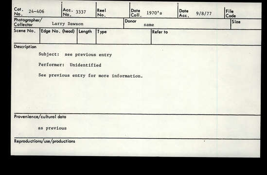 Documentation associated with Hearst Museum object titled Audio recording, accession number 24-406, described as Indian music from Tenehapa village. This tape was one of three cassette originals purchased by L. Dawson while traveling in Mexico. It contains various musical types but no documentation.