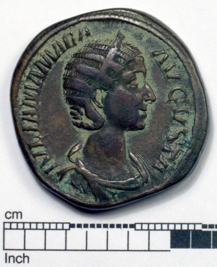 Hearst Museum object 1 of 4 titled Coin: æ sestertius, accession number 8-5654, described as Coin. Roman. Sestertius. (___ grams; 32 mm.) Julia Mamaea. 232-235 AD. Rome. Obverse: IVLIA MAMAEA AVGVSTA   Bust facing right. Reverse: VENVS FELIX  Venus (Greek: Aphrodite) enthroned facing left; in exergue, S C.