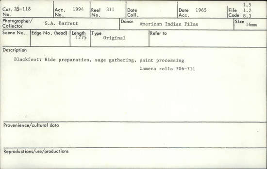 Documentation associated with Hearst Museum object titled 16mm motion picture film, accession number 26-118, described as Hide preparation, sage gathering, paint processing. American Indian Film Project footage.