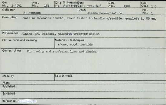 Documentation associated with Hearst Museum object titled Axe, accession number 2-4041, described as Stone ax with wooden handle, stone lashed to handle with rawhide.