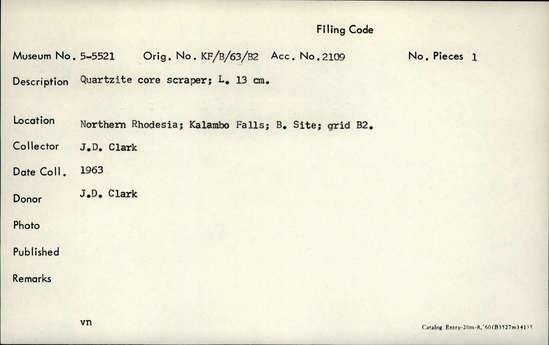 Documentation associated with Hearst Museum object titled Scraper, accession number 5-5521, described as Quartzite core scraper; L. 13 cm