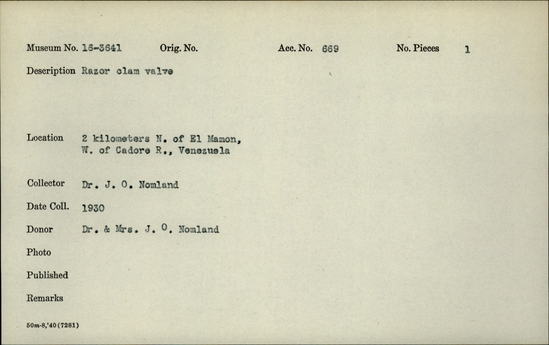 Documentation associated with Hearst Museum object titled Shell fragment, accession number 16-3641, described as Razor clam valve