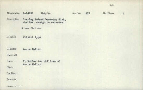Documentation associated with Hearst Museum object titled Basket, accession number 2-14259, described as Overlay, twined dish, shallow, design on exterior.