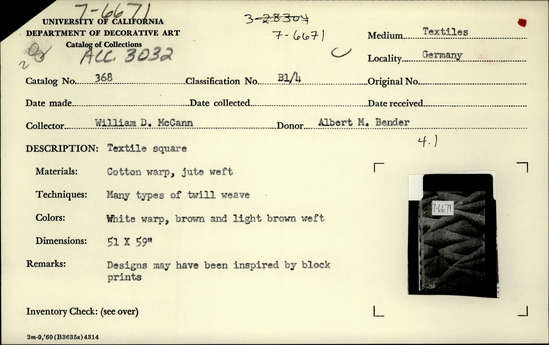 Documentation associated with Hearst Museum object titled Textile, accession number 7-6671, described as Textile square.  Cotton warp, jute weft.  Many types of twill weave.  White warp, brown and light brown weft.  Designs may have been inspired by block prints.  January 1969 condit. good.  51 inches by 59 inches.