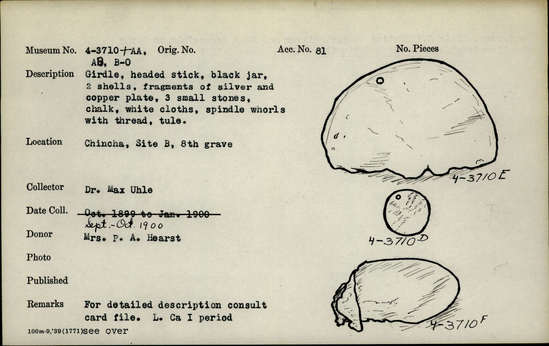 Documentation associated with Hearst Museum object titled Shell, accession number 4-3710c, described as Two shells.