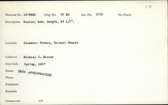 Documentation associated with Hearst Museum object titled Musical bow, accession number 16-8865, described as Musical bow. Length: 48.5 inches.